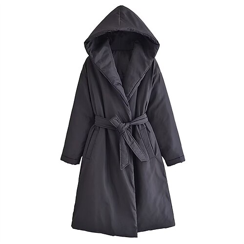 

Women's Winter Coat Windproof Warm Outdoor Street Daily Vacation Lace up Pocket Open Front Hoodie Fashion Modern Street Style Solid Color Regular Fit Outerwear Long Sleeve Winter Fall Black XS S M L