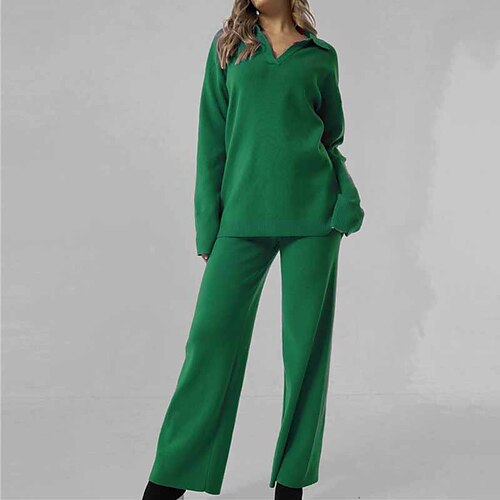 

Women's Loungewear Sets Nighty 2 Pieces Pure Color Sport Simple Comfort Home Street Airport Acrylic Warm Lapel Long Sleeve Sweater Pant Winter Fall Green Blue