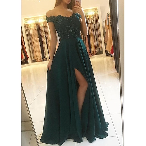 

A-Line Prom Dresses Glittering Dress Formal Floor Length Sleeveless Off Shoulder Chiffon Backless with Pleats Slit 2022