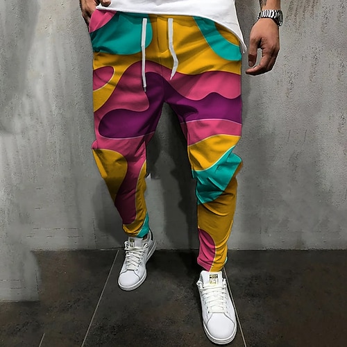 

Men's Joggers Trousers Casual Pants Drawstring Elastic Waist 3D Print Color Block Graphic Prints Comfort Casual Daily Streetwear Basic Fashion Green Purple Micro-elastic