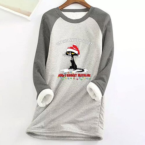 

Women's Plus Size Tops Fleece Pullover Sweatshirt Cat Letter Print Long Sleeve Casual Sherpa Fleece Daily Vacation Winter Fall Blue Pink