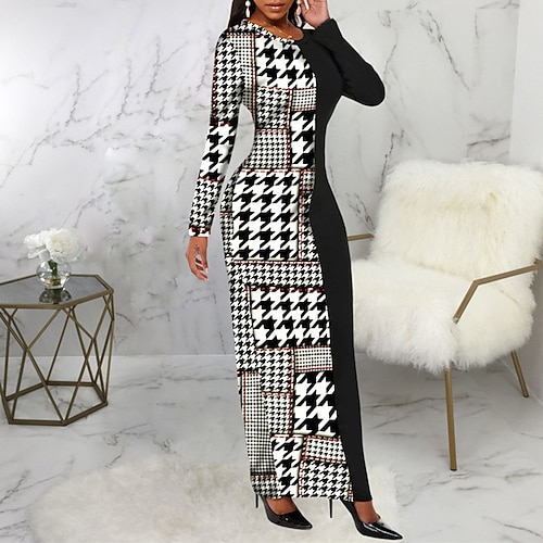

Women's Party Dress Sheath Dress Long Dress Maxi Dress Black Long Sleeve Color Block Patchwork Winter Fall Autumn Crew Neck Party Winter Dress Fall Dress Slim 2022 S M L XL 2XL
