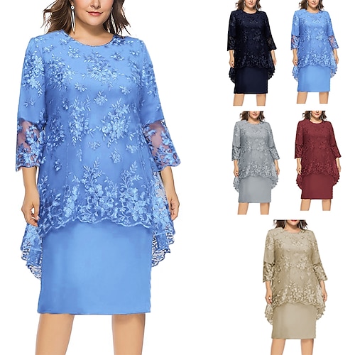 

Women's Plus Size Curve A Line Dress Floral Round Neck Lace 3/4 Length Sleeve Spring Summer Casual Sexy Mother's Day Knee Length Dress Daily Holiday Dress / Skinny / Print