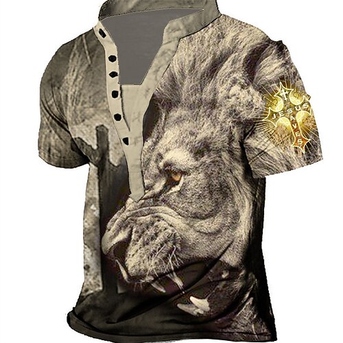 

Men's T shirt Tee Henley Shirt Tee Graphic Animal Stand Collar Khaki 3D Print Outdoor Daily Short Sleeve Button-Down Print Clothing Apparel Basic Designer Casual / Summer / Summer / Sports