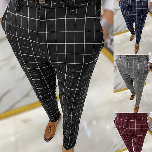 

Men's Chinos Trousers Jogger Pants Plaid Dress Pants Pocket Elastic Waist Lattice Comfort Breathable Full Length Daily Holiday Going out Streetwear Stylish Green Blue Micro-elastic
