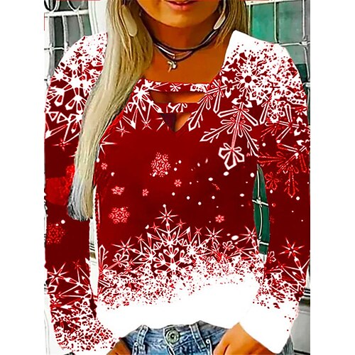 

Women's Plus Size Christmas Tops T shirt Tee Snowflake Cut Out Print Long Sleeve V Neck Casual Festival Daily Polyester Winter Fall Green Blue