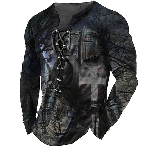 

Men's T shirt Tee Tee Graphic Templar Cross Cross Collar Green Black Blue Red Brown 3D Print Outdoor Street Long Sleeve Lace up Print Clothing Apparel Basic Designer Casual Classic