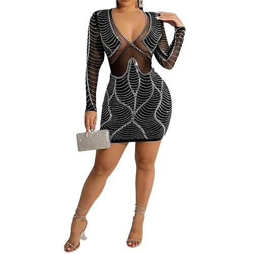 

Women's Party Dress Bodycon Sheath Dress Black Red Long Sleeve Pure Color Mesh Winter Fall Autumn V Neck Hot Party Winter Dress Weekend Mesh S M L XL XXL