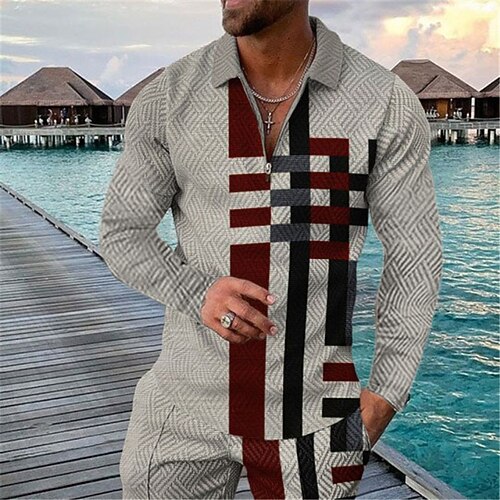 

Men's Collar Polo Shirt Golf Shirt Geometry Turndown Gray 3D Print Street Casual Long Sleeve Zipper Print Clothing Apparel Fashion Designer Casual Breathable