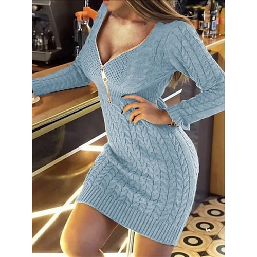 

Women's Sweater Dress Winter Dress Bodycon Lake blue caramel colour Purple Pink Beige Long Sleeve Pure Color Zipper Knit Winter Fall V Neck Stylish Casual Modern 2022 S M L XL 2XL 3XL Cotton