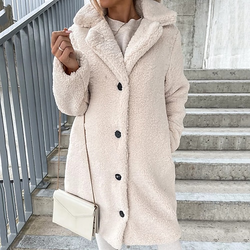 

Women's Teddy Coat Warm Breathable Outdoor Daily Wear Vacation Going out Button Pocket Single Breasted Turndown Elegant Lady Comfortable Solid Color Regular Fit Outerwear Long Sleeve Winter Fall