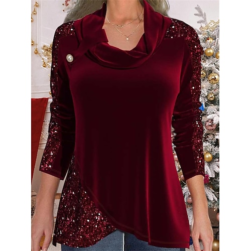 

Women's Shirt Wine Plain Sequins Long Sleeve Christmas Casual Basic Christmas Round Neck Regular S