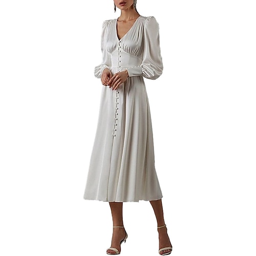 

Women's Casual Dress White Dress Midi Dress White Long Sleeve Pure Color Patchwork Button Winter Fall V Neck Stylish Casual Fall Dress 2022 S M L XL 2XL / Winter Dress