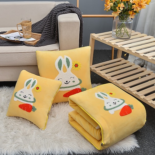 

Solid Milk Velvet Smiling Rabbit 2 In 1 Cushion Pillow Portable Foldable Throw Pillows With Zipper Sofa Car Office Nap Blanket Quilt Bedding Home Decor