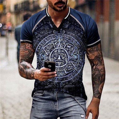 

Men's T shirt Tee Color Block Graphic Prints Totem V Neck Blue 3D Print Outdoor Street Short Sleeve Patchwork Button-Down Clothing Apparel Sports Designer Casual / Summer