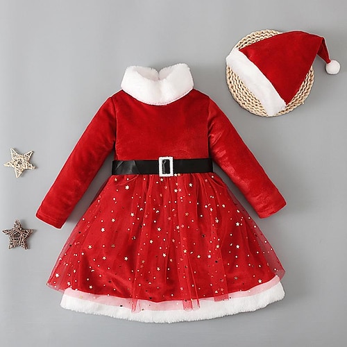 

Kids Girls' 2pcs Christmas Dress Star Party Dress Outdoor Red Above Knee Long Sleeve Cute Adorable Dresses Christmas Winter Fall Regular Fit 3-7 Years