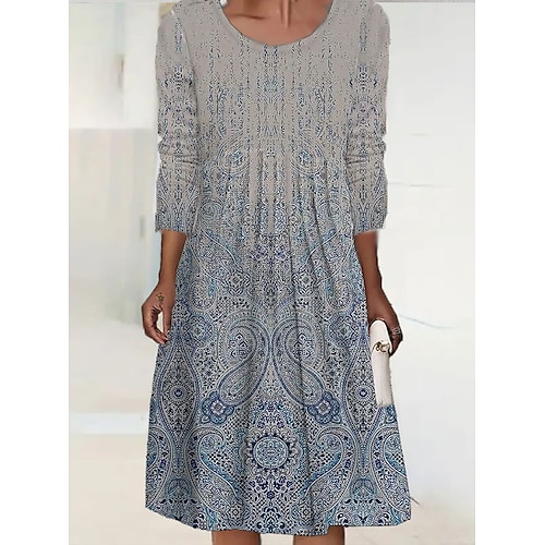 

Women's Casual Dress Midi Dress Dusty Blue Long Sleeve Print Fall Spring Crew Neck Winter Dress Fall Dress Loose Fit 2022 S M L XL 2XL 3XL 4XL 5XL 6XL