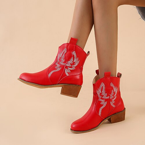 

Women's Boots Daily Cowboy Boots Booties Ankle Boots Winter Block Heel Round Toe Classic Walking Shoes PU Leather Loafer Embroidered Black Light Red Coffee