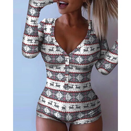 

Women's ChristmasPjs Pajamas Onesies Jumpsuits One Piece Elk Snowflake Simple Comfort Soft Daily Carnival Warm V Wire Long Sleeve Button Winter Fall Gray / Pjs