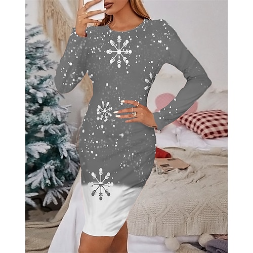 

Women's Casual Dress Sheath Dress Mini Dress Wine Light Red Red Long Sleeve Snowflake Print Winter Fall Autumn Crew Neck Christmas 2022 S M L XL 2XL 3XL 4XL 5XL 6XL