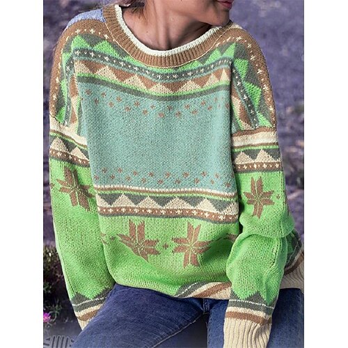 

Women's Pullover Sweater jumper Jumper Ribbed Knit Knitted Geometric Crew Neck Stylish Casual Outdoor Daily Winter Fall Green Purple S M L / Long Sleeve / Holiday / Regular Fit / Going out