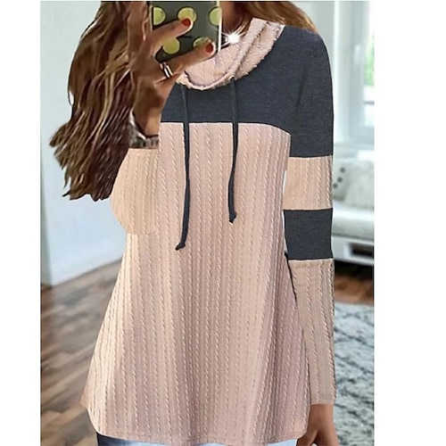 

factory direct sales cross-border exclusively for 2022 autumn and winter amazon women's stitching contrast color hooded slim long-sleeved t-shirt