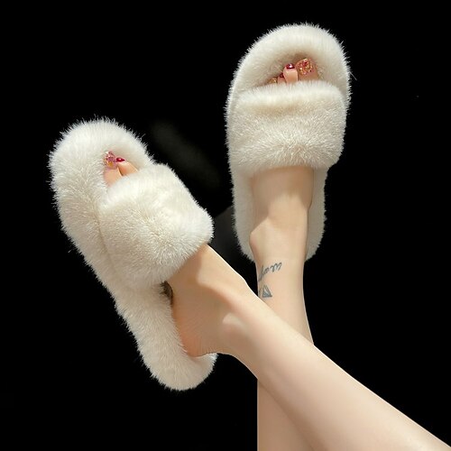 

Women's Slippers Daily Furry Feather Fuzzy Slippers Fluffy Slippers House Slippers Flat Heel Open Toe Casual Synthetics Loafer Solid Colored Black White