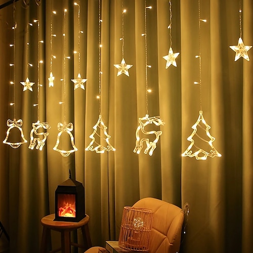 

Christmas Curtain Lights Tree Elk Bell Fairy Lights 2.5m 138LED Garland Curtain String Lights Xmas Party Holiday Wedding Home Window Indoor Outdoor Patio Decoration Lights