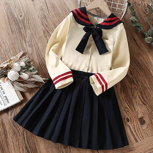 

Kids Girls' Dress Suits 2 Pieces Long Sleeve Pink Navy Blue Solid Color Ruched Pleated School Cute Daily Tunic Knee-length 7-13 Years