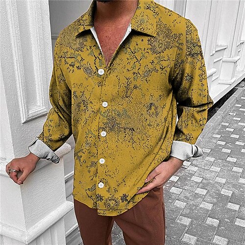 

Men's Shirt Graphic Prints Turndown Yellow 3D Print Outdoor Street Long Sleeve Button-Down Print Clothing Apparel Vintage Designer Ethnic Style Casual