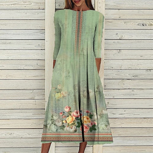 

Women's Casual Dress Shift Dress Midi Dress Green Khaki Gray 3/4 Length Sleeve Floral Ruched Winter Fall Autumn 2022 S M L XL XXL 3XL