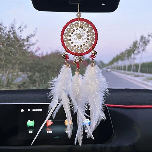 

Christmas Red Dream Catcher Handmade Gift with White Feathers Wall Hanging Decor Art Wind Chimes Boho Style Car Hanging Home Pendant