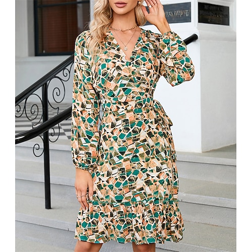 

Women's Floral Dress Midi Dress Green Red Long Sleeve Print Fall Spring V Neck Winter Dress Fall Dress Slim 2022 S M L XL