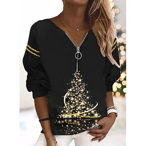 

Women's Sweatshirt Pullover Active Streetwear Quarter Zip Print Blue Pink Beige Christmas Tree Christmas V Neck Long Sleeve S M L XL XXL