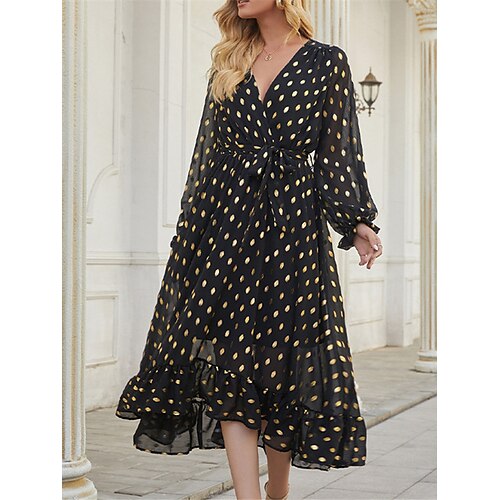 

Women's Swing Dress PolkaDotDress Midi Dress Black Long Sleeve Polka Dot Lace up Ruffle Fall Winter V Neck Stylish Modern 2022 S M L