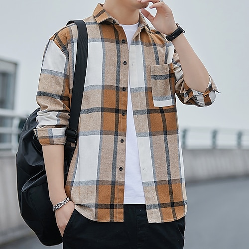 

Men's Shirt Plaid / Check Turndown Green Blue Yellow Red Casual Daily Long Sleeve Button-Down Clothing Apparel Cotton Fashion Streetwear