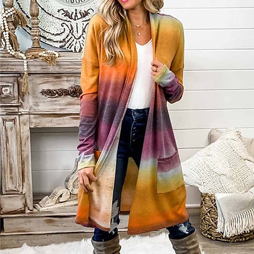 

Women's Casual Jacket Breathable Comfortable Outdoor Daily Wear Vacation Going out Pocket Print Open Front Collarless Active Fashion Comfortable Street Style Gradient Color Regular Fit Outerwear Long