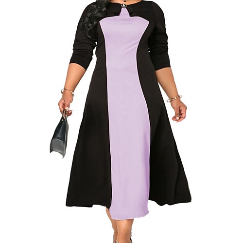 

Women's Plus Size Work Dress Color Block Crew Neck Long Sleeve Fall Winter Work Formal Midi Dress Vacation Going out Dress
