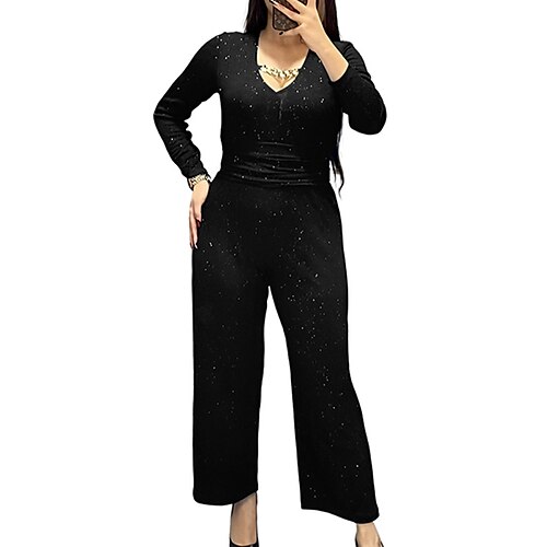 

Women's Jumpsuit High Waist Sequin Solid Color V Neck Elegant Party Bar Regular Fit Long Sleeve Green Black Blue S M L Winter