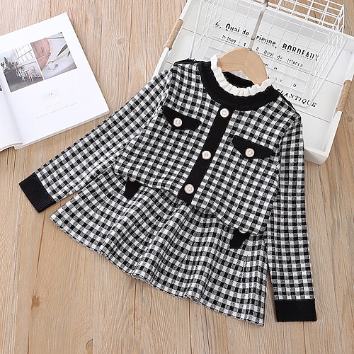 

2 Pieces Kids Girls' Clothing Set Outfit Plaid Long Sleeve Cotton Set Sweet Summer 2-6 Years Black Pink Red