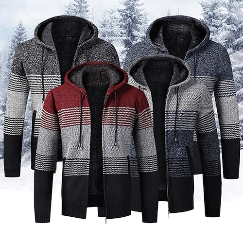 

Men's Cardigan Sweater Fleece Sweater Ribbed Knit Zipper Pocket Color Block Hooded Warm Ups Modern Contemporary Daily Wear Going out Clothing Apparel Fall & Winter Dark Grey Blue M L XL