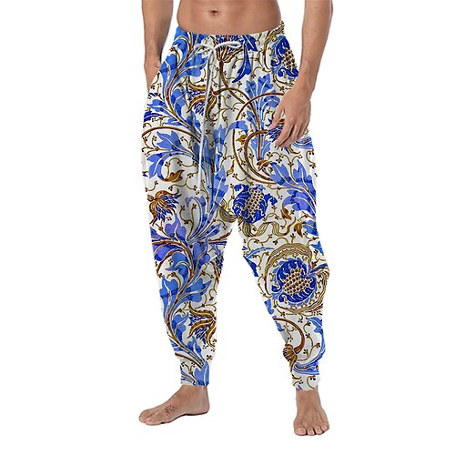 

Men's Trousers Baggy Harem Pants Drawstring Elastic Waist 3D Print Graphic Prints Flower / Floral Comfort Breathable Casual Daily Holiday Streetwear Designer Blue Micro-elastic / Drop Crotch