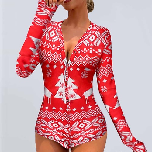 

Women's ChristmasPjs Pajamas Onesies Jumpsuits One Piece Snowflake Trees Fashion Comfort Soft Home Carnival Gift V Wire Long Sleeve Winter Fall Green Red / Pjs