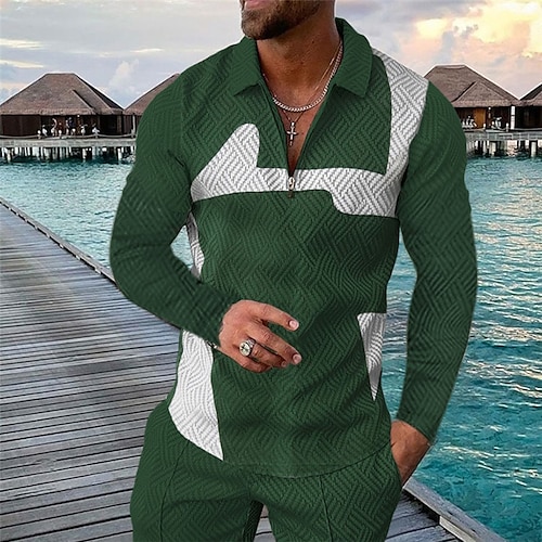 

Men's Collar Polo Shirt Golf Shirt Geometry Turndown Green 3D Print Street Casual Long Sleeve Zipper Print Clothing Apparel Fashion Designer Casual Breathable