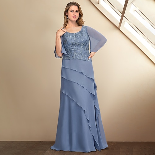 

A-Line Plus Size Curve Mother of the Bride Dresses Elegant Dress Formal Floor Length Half Sleeve Jewel Neck Chiffon with Ruffles Appliques 2022