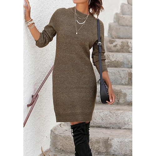 

Women's Sweater Dress Sheath Dress Short Mini Dress Brown 3/4 Length Sleeve Pure Color Ruched Fall Winter Crew Neck Stylish Modern 2022 S M L XL XXL 3XL