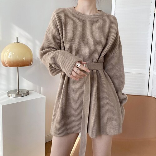 

Women's Sweater Dress Casual Dress Shift Dress Black Khaki Beige Long Sleeve Pure Color With Belt Winter Fall Autumn Crew Neck Modern Winter Dress Fall Dress 2022 One-Size