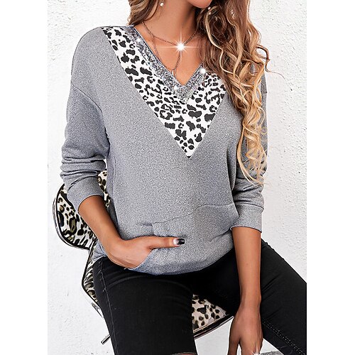 

Women's Sweatshirt Pullover Basic Front Pocket Gray Leopard Street V Neck Long Sleeve S M L XL 2XL 3XL
