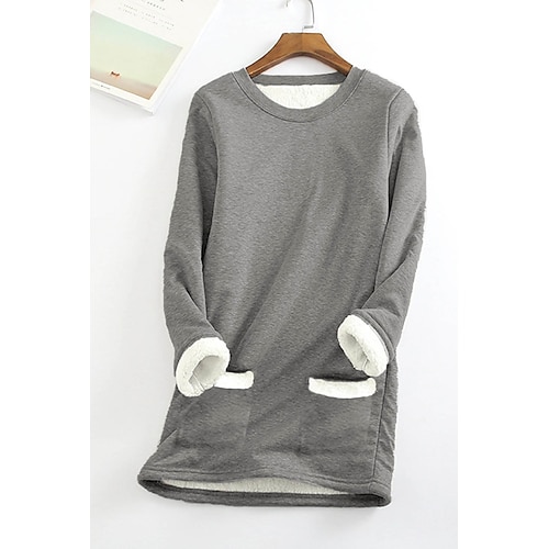 

Women's Plus Size Tops Fleece T shirt Tee Solid Color Print Long Sleeve Crew Neck Basic Casual Preppy Sherpa Fleece Daily Going out Cotton Blend Winter Fall Black Blue