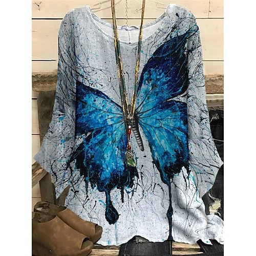 

Women's Plus Size Tops Blouse Shirt Animal Butterfly Print Long Sleeve Crewneck Casual Daily Vacation Polyester Fall Winter Blue Royal Blue